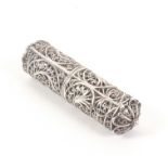 A late 18th Century silver filigree needle or scent bottle case, of cylinder form with quill work