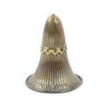 A rare brass Avery style pin case of salt pot form, the circular base inscribed 'Pyramid Pin