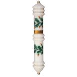 A rare white glass cylinder needle case, attractively painted with bands of acorns and oak leaves,