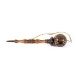 A rare Tunbridge ware, bilboquet or cup and ball, the stem in stick ware with rosewood ball mount,
