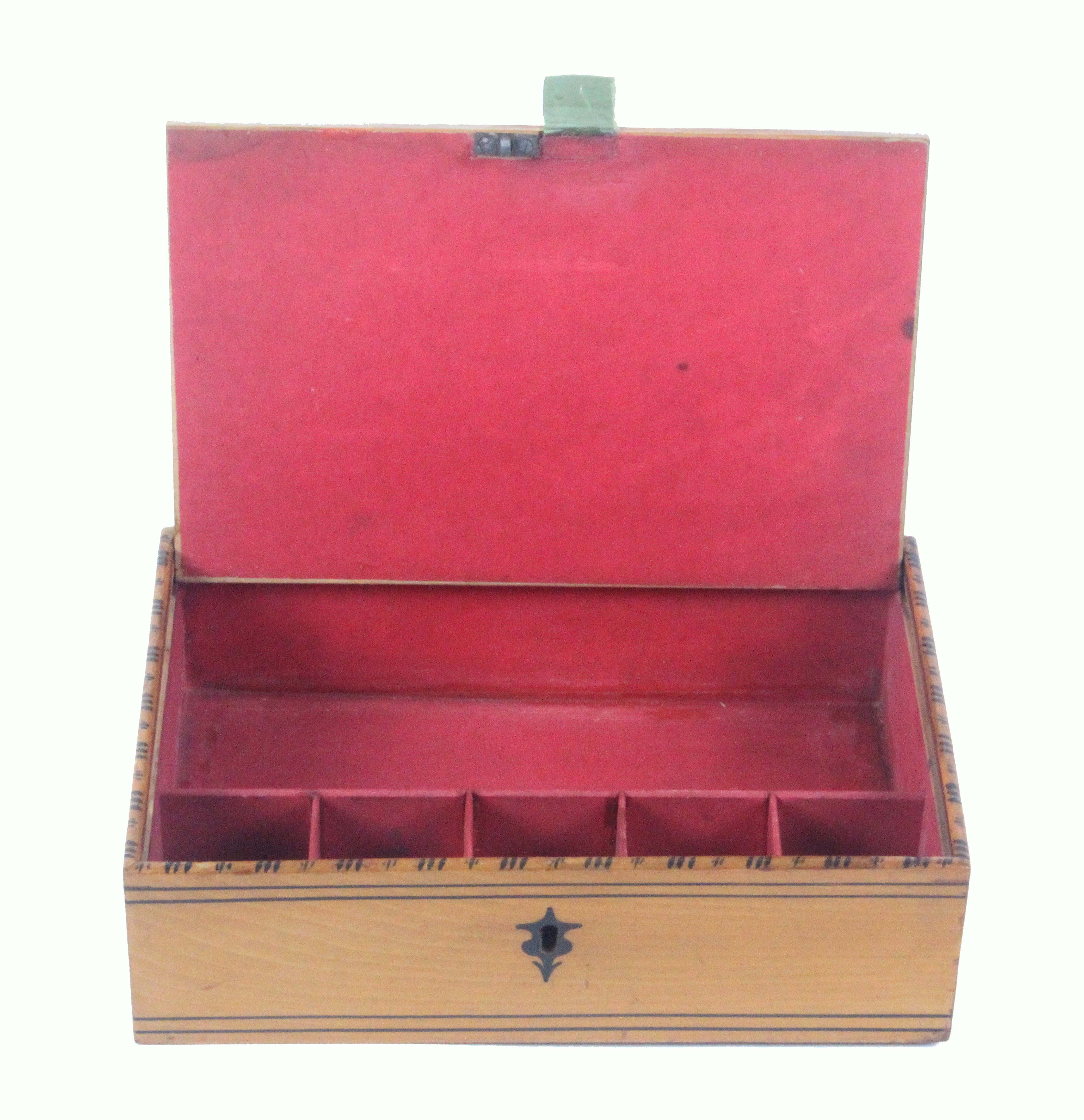 An early print and paint decorated Tunbridge ware white wood sewing box, of rectangular form, the - Image 2 of 2