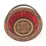 A rosewood Tunbridge ware circular sewing basket, the circular base in geometric mosaic within a