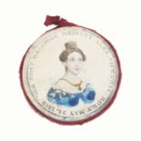 A rare printed paper disc form pin cushion commemorating the crowning of Queen Victoria, one side