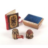Tunbridge ware - sewing, four pieces, comprising a needle book with mosaic covers, 6cms, a