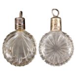 Two Georgian miniature glass scent bottles, each of circular cut form both with silver gilt screw