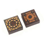 Two Tunbridge ware Euclid puzzle boxes, both in rosewood and with stick ware tops, one with complete