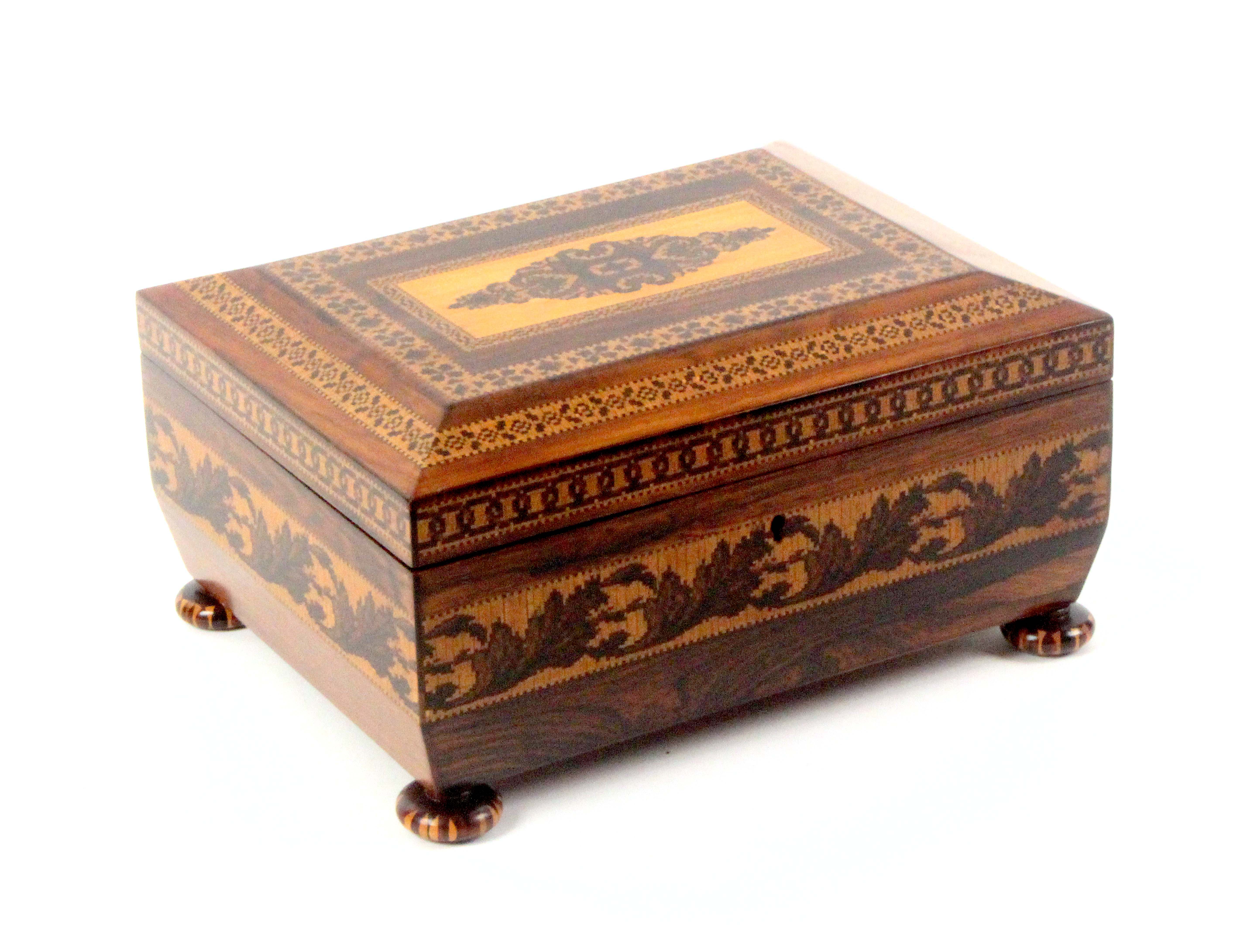 A good rosewood Tunbridge ware sewing box with accessories, of sarcophagol form, the lid with a - Image 2 of 2