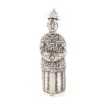 A good continental silver figural standing needle case in the form of a china man of large size,
