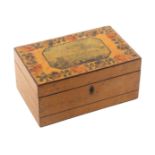 An early Tunbridge ware print and paint decorated rectangular box, the lid with a cut corner