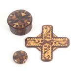 Tunbridge ware - three pieces, comprising a cross form mosaic silk winder, 5.2cms, a rib turned