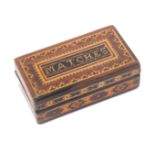 A Tunbridge ware rectangular match box, the lid with a mosaic panel 'Matches' within mosaic borders,