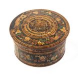A rare early Tunbridge ware white wood print and paint decorated circular spice box, domed lid