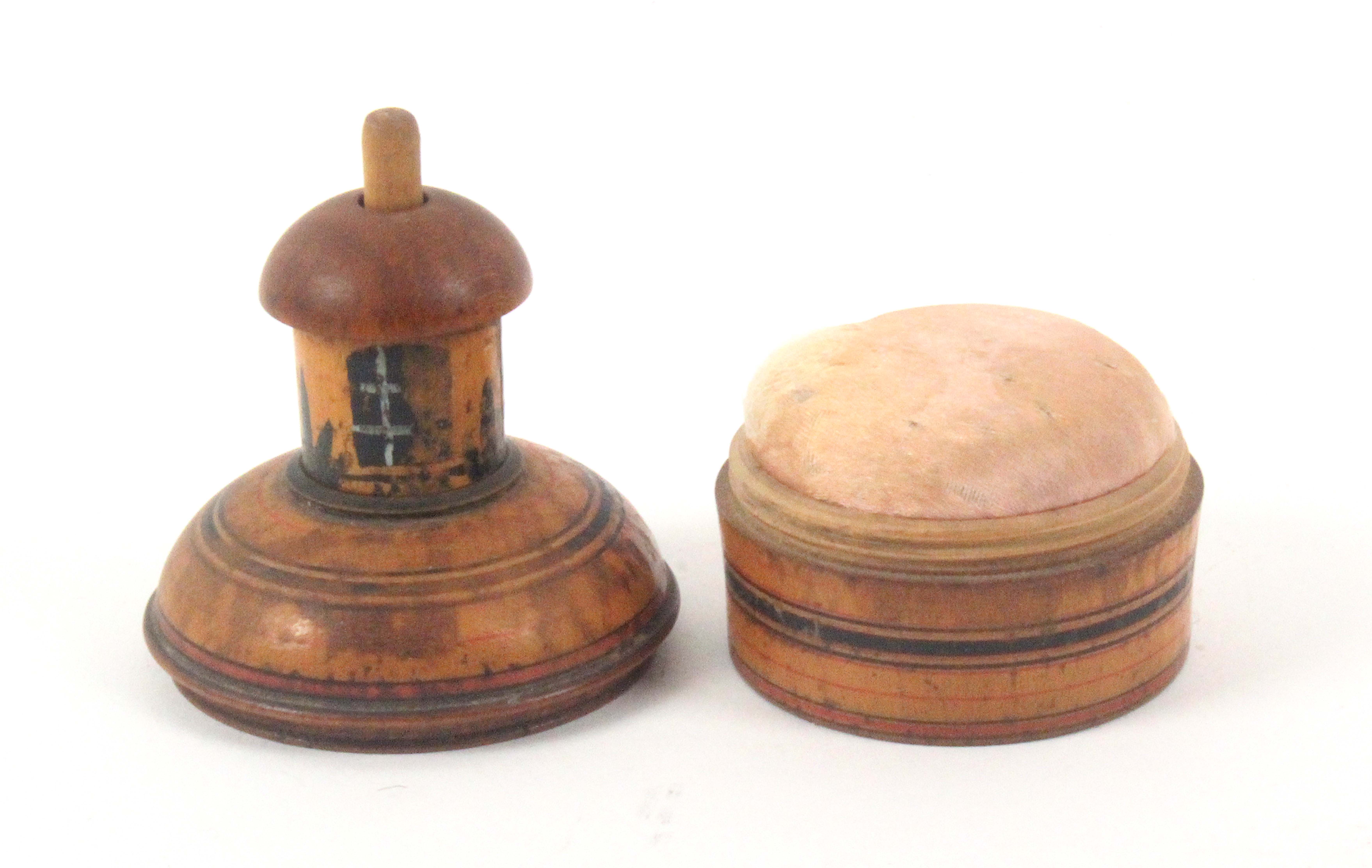 A rare early painted Tunbridge ware whitewood combination pin poppet and cottage form tape - Image 2 of 2
