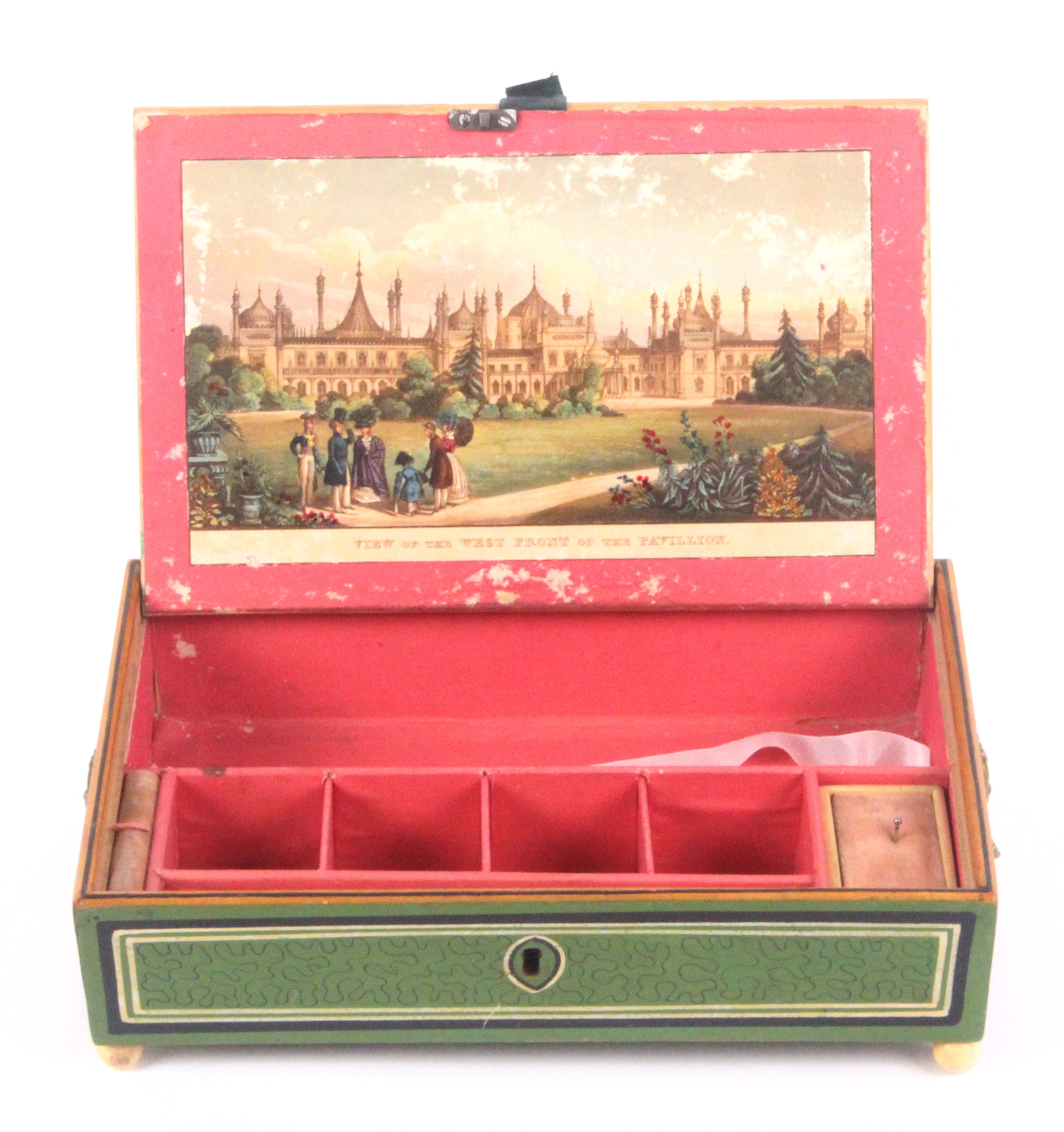 An early print and paint decorated white wood Tunbridge ware sewing box, of rectangular form, the