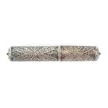 A late 18th Century silver filigree bodkin case, the cylinder with elaborate quill work to domed