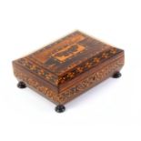 A good Tunbridge ware rosewood sewing box and contents of - box of small sarcophagol form, raised on