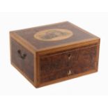 A large burr yew wood sewing and writing box, circa 1790, of rectangular form, the front fitted with