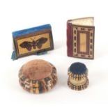 Tunbridge ware - sewing, four pieces, comprising a rectangular needle book one side with a butterfly