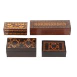 Four small Tunbridge ware rectangular boxes, comprising a rosewood example the inset lid in stick