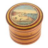 An early Tunbridge ware print and paint decorated circular box, the domed screw lid with a