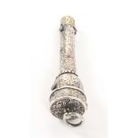 A rare Charles II silver needle and thimble case, the cylinder body decorated with flowers and strap