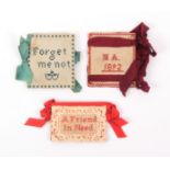 Three Bristol card needle books, comprising an example inscribed 'Forget Me Not', 9 x 8cms,