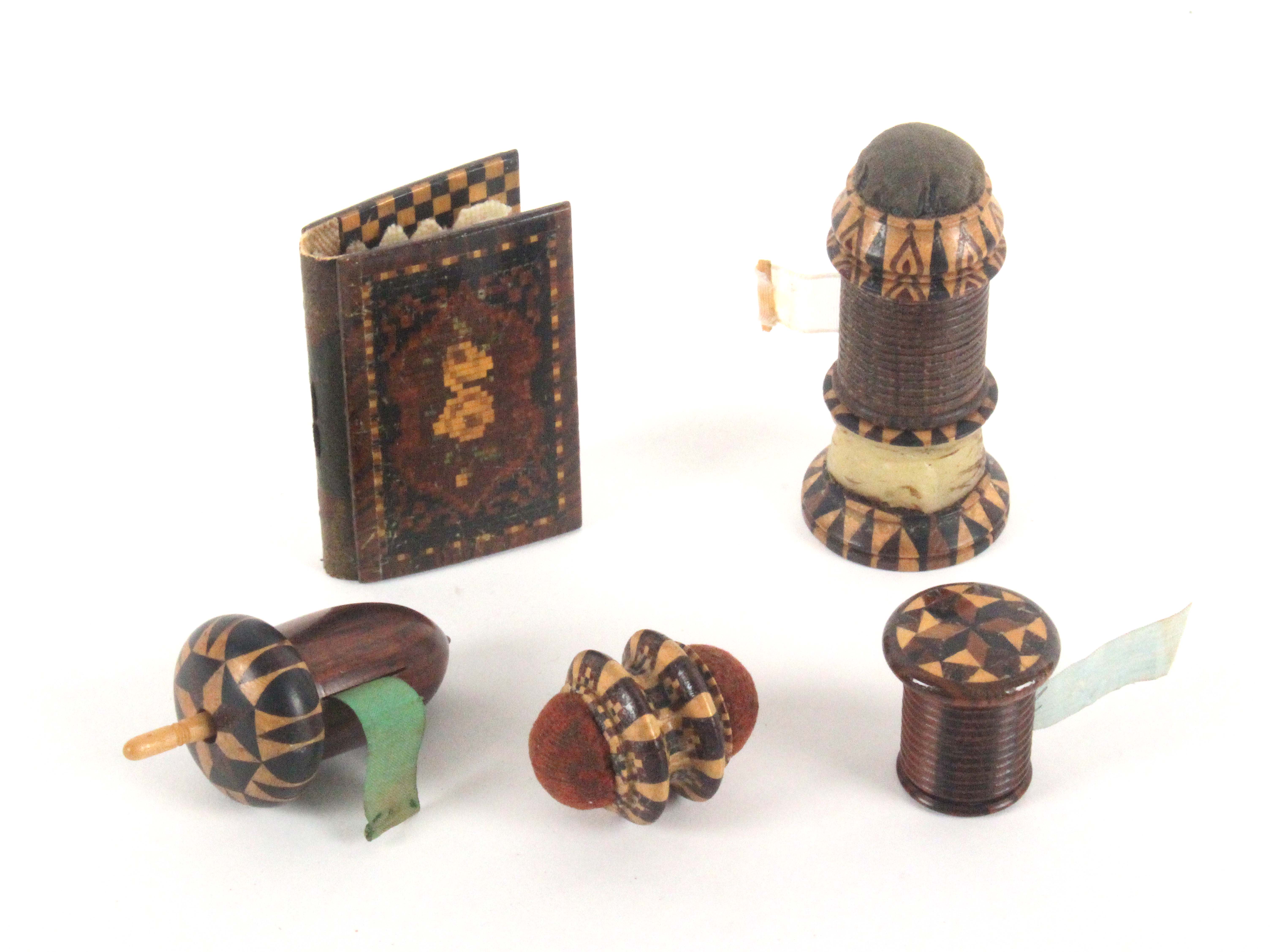 Tunbridge ware - five pieces - sewing, comprising a needle book with mosaic covers and internal