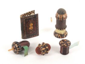 Tunbridge ware - five pieces - sewing, comprising a needle book with mosaic covers and internal