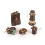 Tunbridge ware - five pieces - sewing, comprising a needle book with mosaic covers and internal