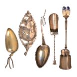 Five caddy spoons, comprising a leaf form example stamped '925', 9.7cms, a leaf bowl example