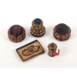 Tunbridge ware - sewing, five pieces, comprising two stick ware circular pin cushions, each 4.5cms