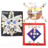 Three displays of ceramic buttons, comprising a card of thirteen Mack Fine ceramic buttons, birds,