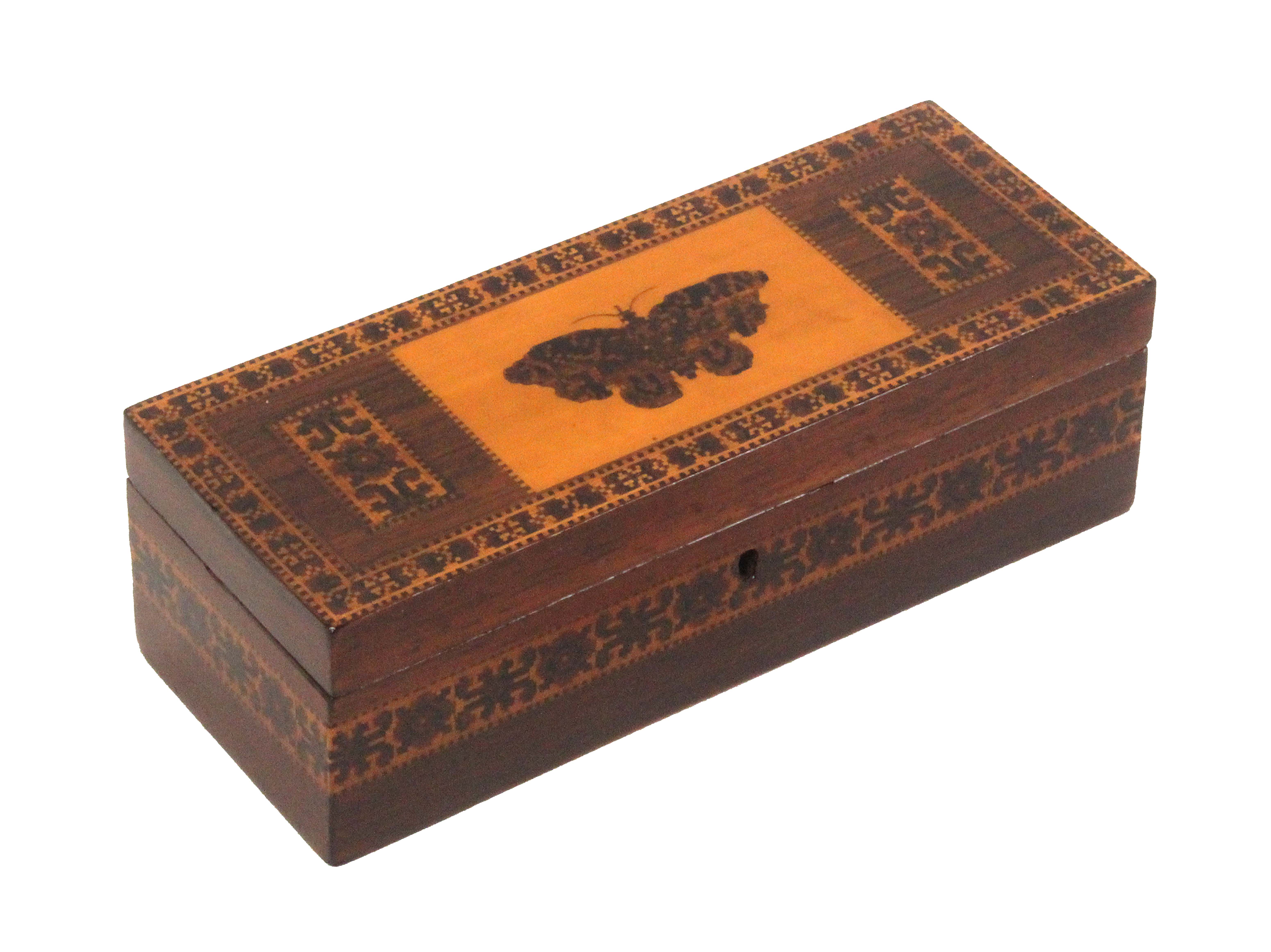 A Tunbridge ware rosewood box, of rectangular form, the sides with a band of geometric mosaic, the