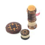 Tunbridge ware - three pieces, comprising a rosewood drum form waxer with stick ware star ends, 2cms