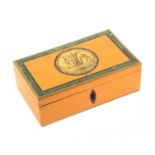 An early Tunbridge ware print and paint decorated white wood rectangular box, the hinged lid with