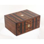 A walnut and inlaid sewing box, circa 1880, of rectangular form, the front and lid inlaid in various