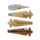 Four button hole cutters, comprising three fancy brass triangular examples with sliding blades,