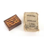 A layette pin cushion, 1820, and a Tunbridge ware box, the rectangular pin cushion inscribed in pins