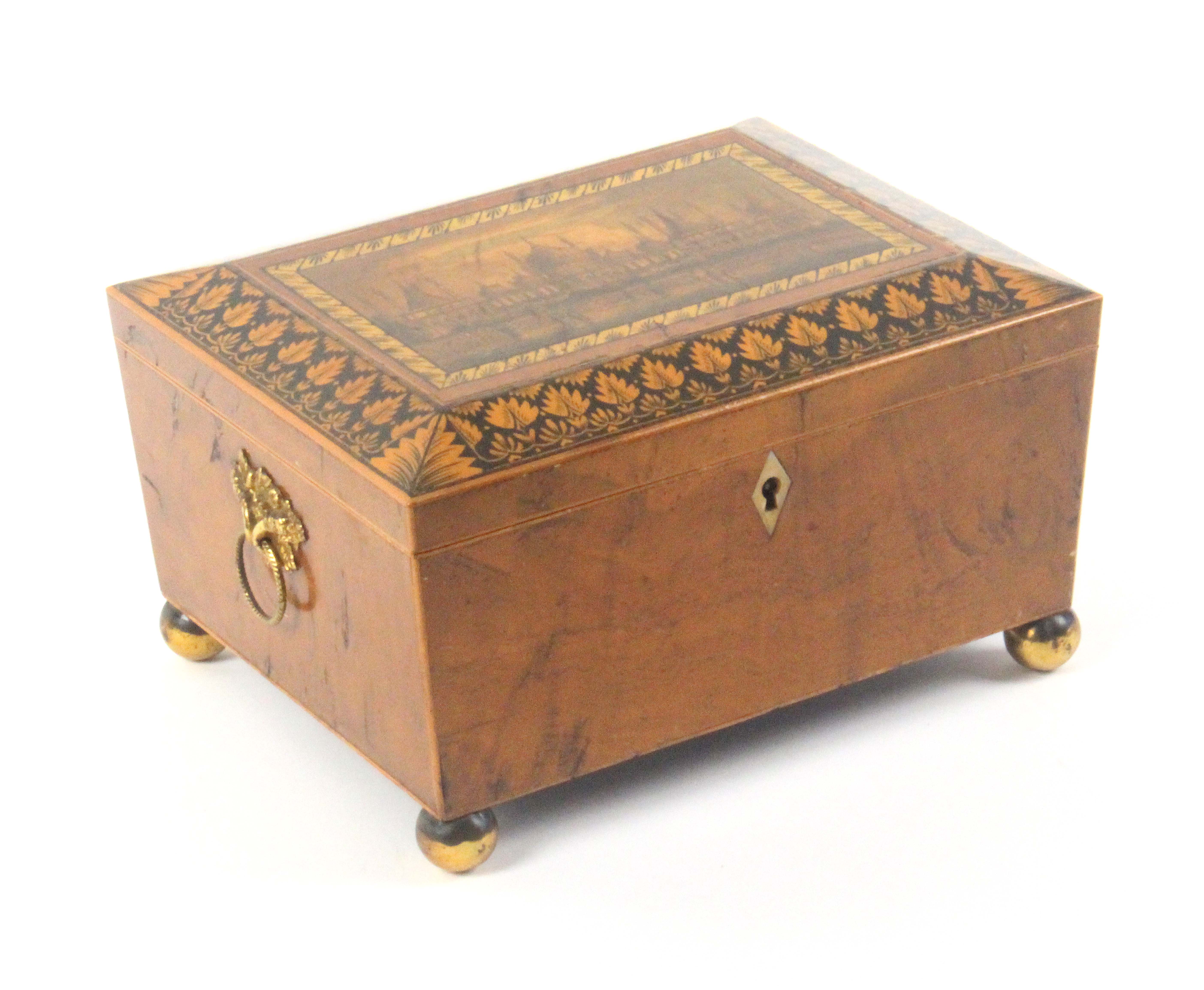 An early print and paint decorated Tunbridge ware sewing box in burr elm, of sarcophagol form, the