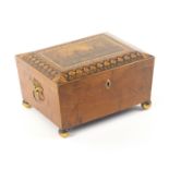 An early print and paint decorated Tunbridge ware sewing box in burr elm, of sarcophagol form, the