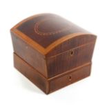 A mahogany and inlaid dome top sewing box, circa 1790, the stepped base fitted with a drawer, the