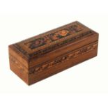 A Tunbridge ware rosewood box, of rectangular form the cushion form hinged lid with a broad band