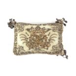 A 17th Century silk and metal thread embroidered pin cushion, circa 1660, one side with a monogram