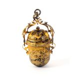 A fine gold thimble contained in a chatelaine case, the thimble with frosted frieze with a two