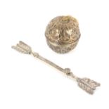 A wool ball holder and a knitting needle holder, the silver wool ball holder probably Indian or