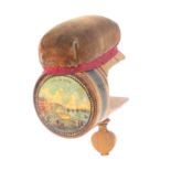 An early print and paint decorated Tunbridge ware sewing clamp, the white wood line painted cylinder