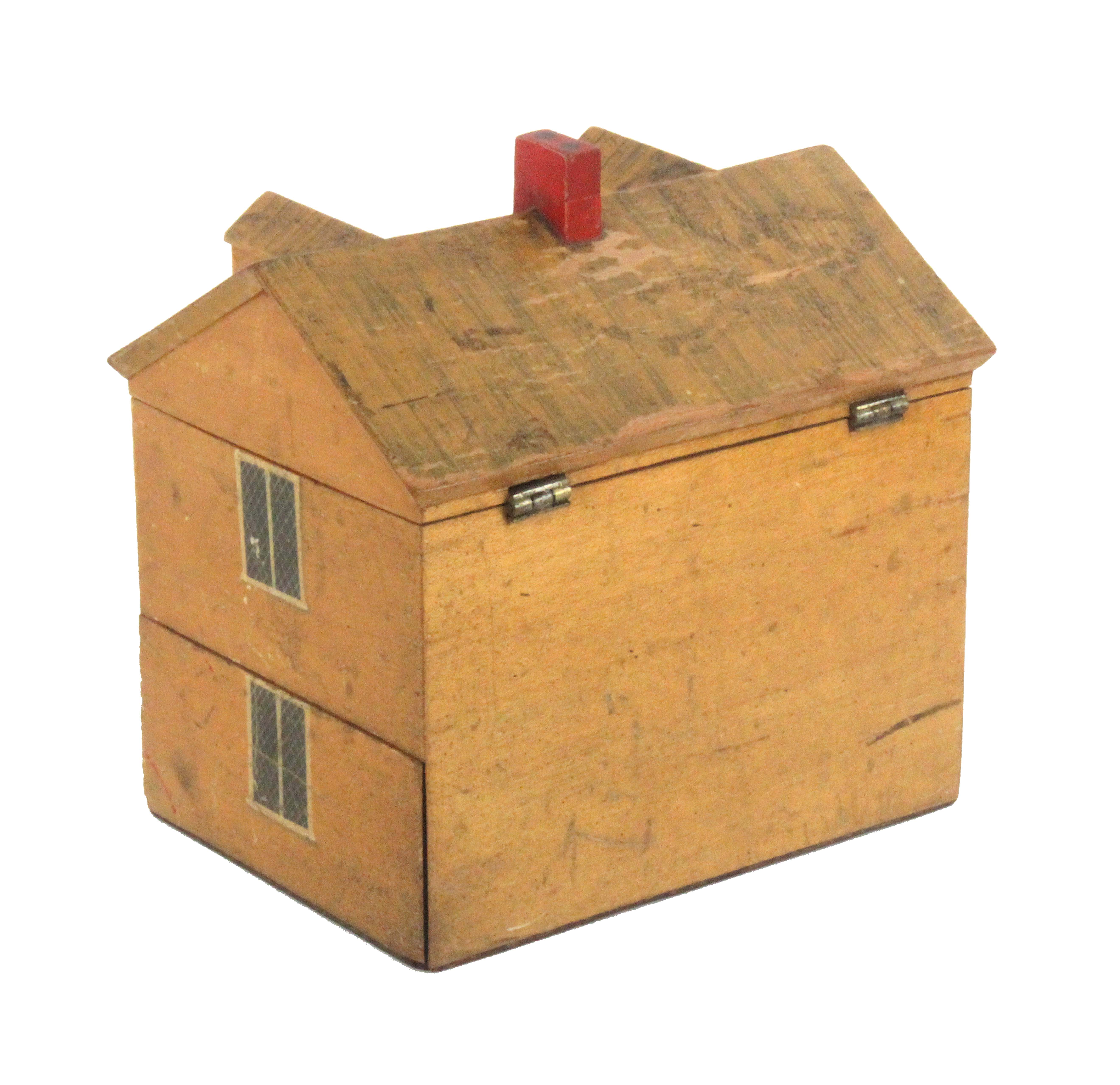 An early painted Tunbridge ware white wood cottage form sewing box, the front painted with a - Image 2 of 3