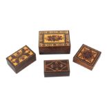 Four small Tunbridge ware rosewood boxes, all with pull-off lids, comprising a square example