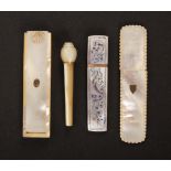 Four mother of pearl needle cases in the style of Palais Royal, comprising a rectangular example the