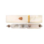 A Palais Royal mother of pearl needle case and a combination tweezer/earspoon, the first of